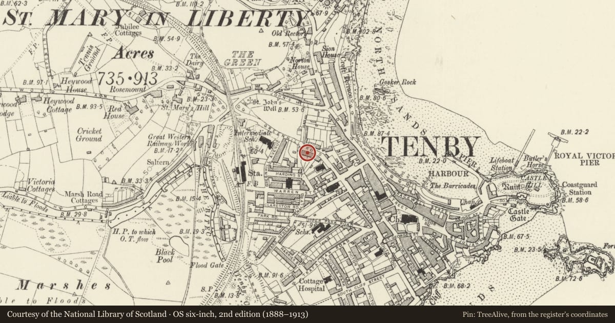 Ordnance Survey six-inch map, 2nd edition (1888–1913) covering the location of No 12 Deer Park, Tenby, Pembrokeshire, with a pin at the register's coordinates