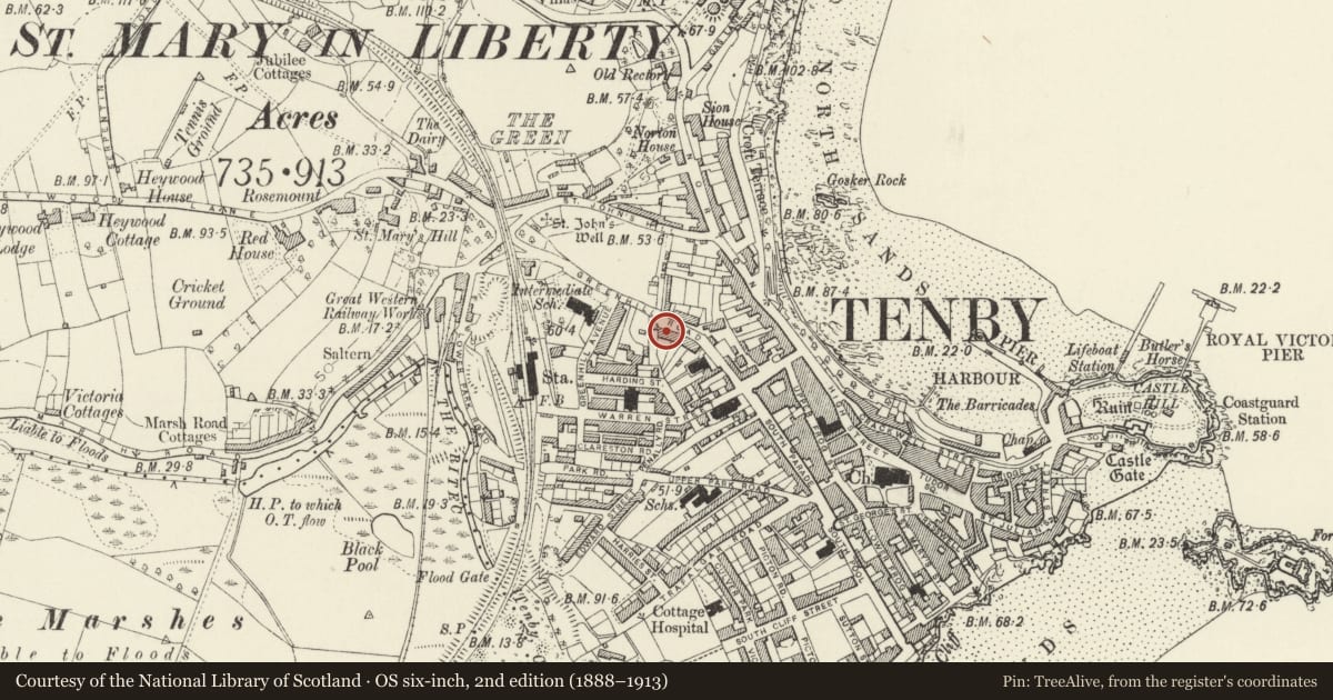 Ordnance Survey six-inch map, 2nd edition (1888–1913) covering the location of No 13 Deer Park, Tenby, Pembrokeshire, with a pin at the register's coordinates