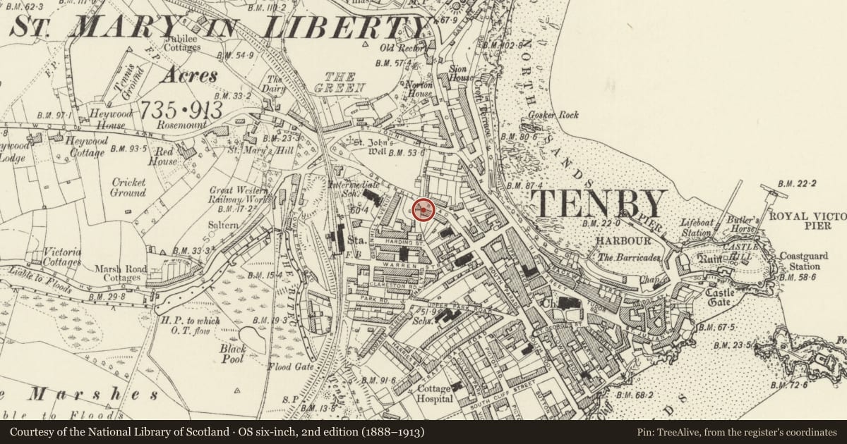 Ordnance Survey six-inch map, 2nd edition (1888–1913) covering the location of No 14 Deer Park, Tenby, Pembrokeshire, with a pin at the register's coordinates