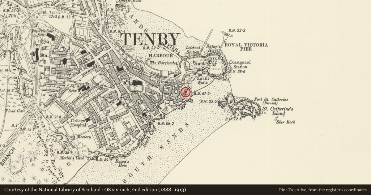 Ordnance Survey six-inch map, 2nd edition (1888–1913) covering the location of No 2 Lexden Terrace, Tenby, Pembrokeshire, with a pin at the register's coordinates