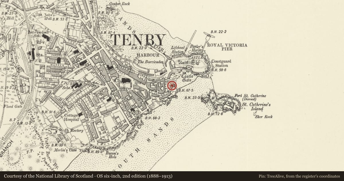 Ordnance Survey six-inch map, 2nd edition (1888–1913) covering the location of No 5 Lexden Terrace, Tenby, Pembrokeshire, with a pin at the register's coordinates