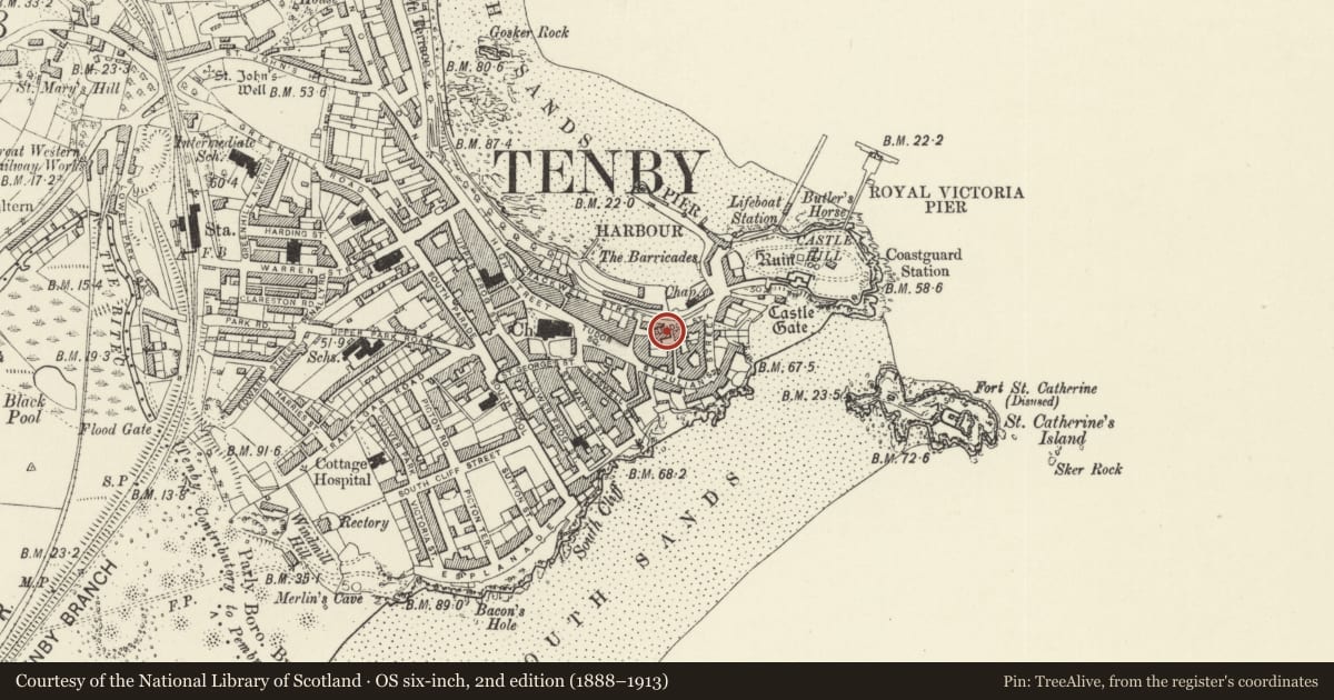 Ordnance Survey six-inch map, 2nd edition (1888–1913) covering the location of Harbour Court, Tenby, Pembrokeshire, with a pin at the register's coordinates