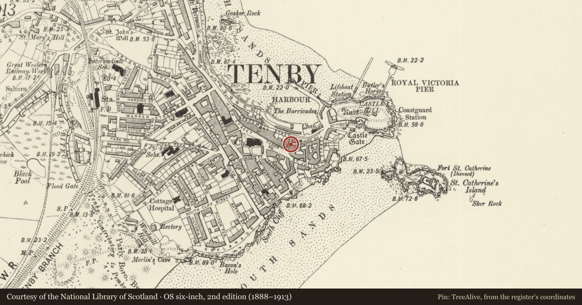 Ordnance Survey six-inch map, 2nd edition (1888–1913) covering the location of Premises occupied by Cofion bookshop, Tenby, Pembrokeshire, with a pin at the register's coordinates
