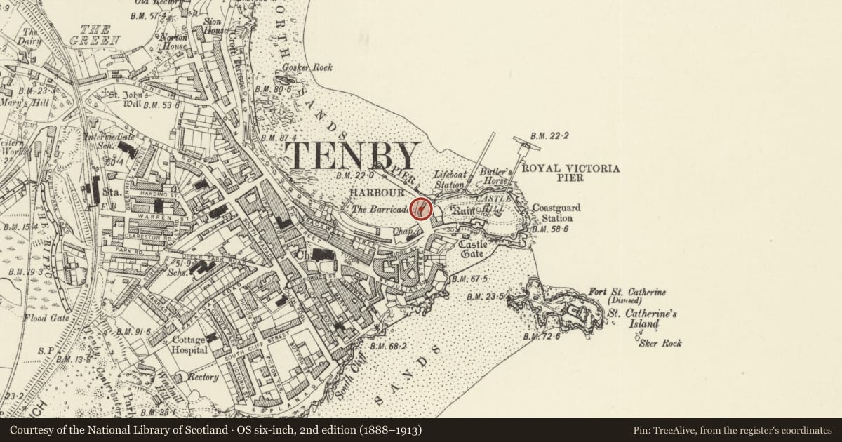 Ordnance Survey six-inch map, 2nd edition (1888–1913) covering the location of 2 Pier Hill, Tenby, Pembrokeshire, with a pin at the register's coordinates