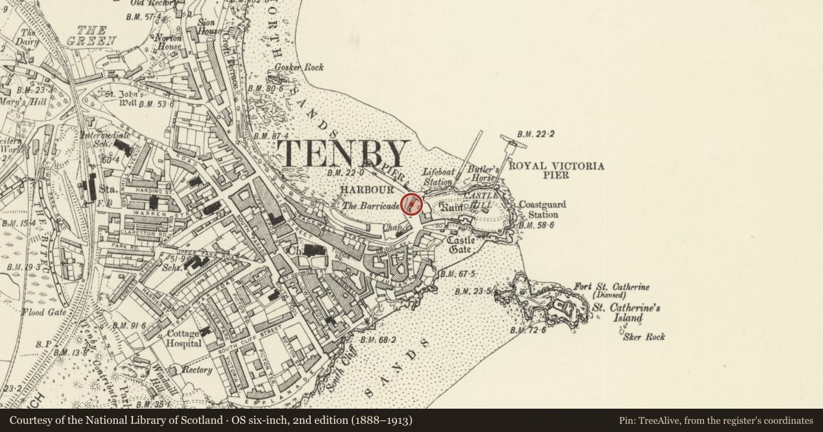 Ordnance Survey six-inch map, 2nd edition (1888–1913) covering the location of 3 Pier Hill, Tenby, Pembrokeshire, with a pin at the register's coordinates