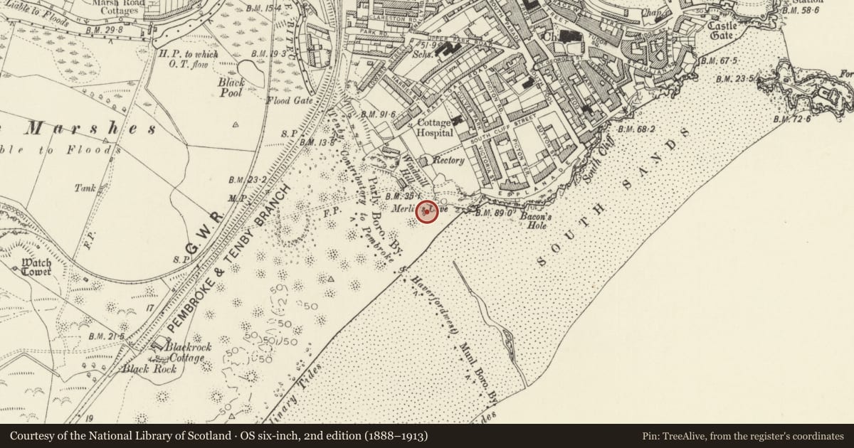 Ordnance Survey six-inch map, 2nd edition (1888–1913) covering the location of Festival of Britain beacon, Tenby, Pembrokeshire, with a pin at the register's coordinates