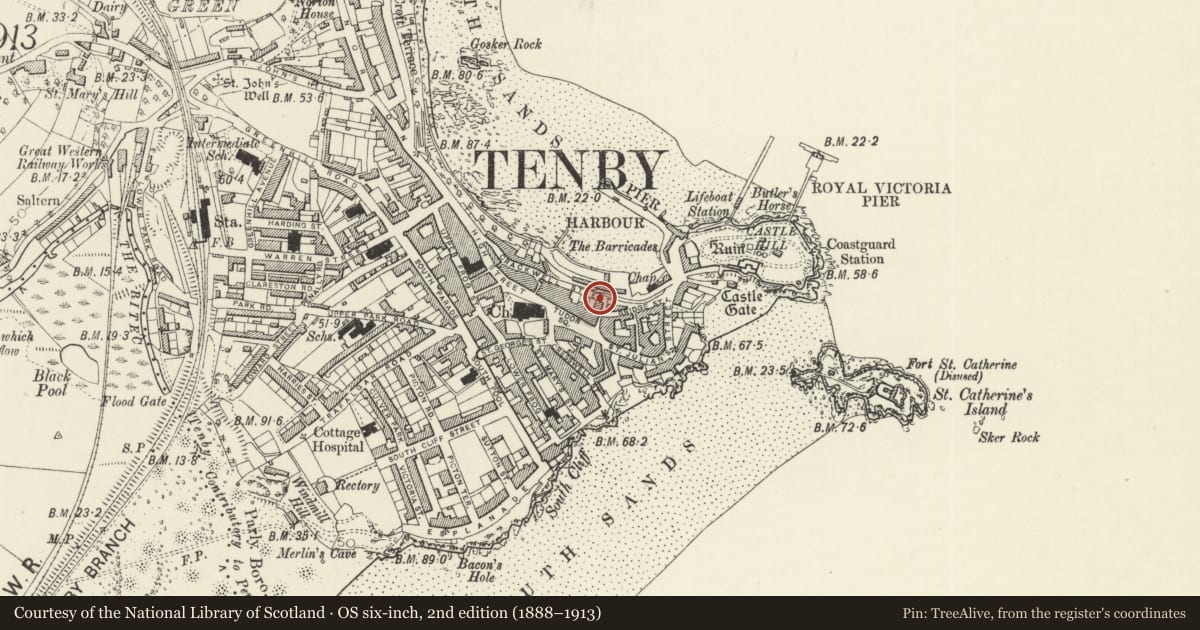 Ordnance Survey six-inch map, 2nd edition (1888–1913) covering the location of No 2 Harbour View, Tenby, Pembrokeshire, with a pin at the register's coordinates
