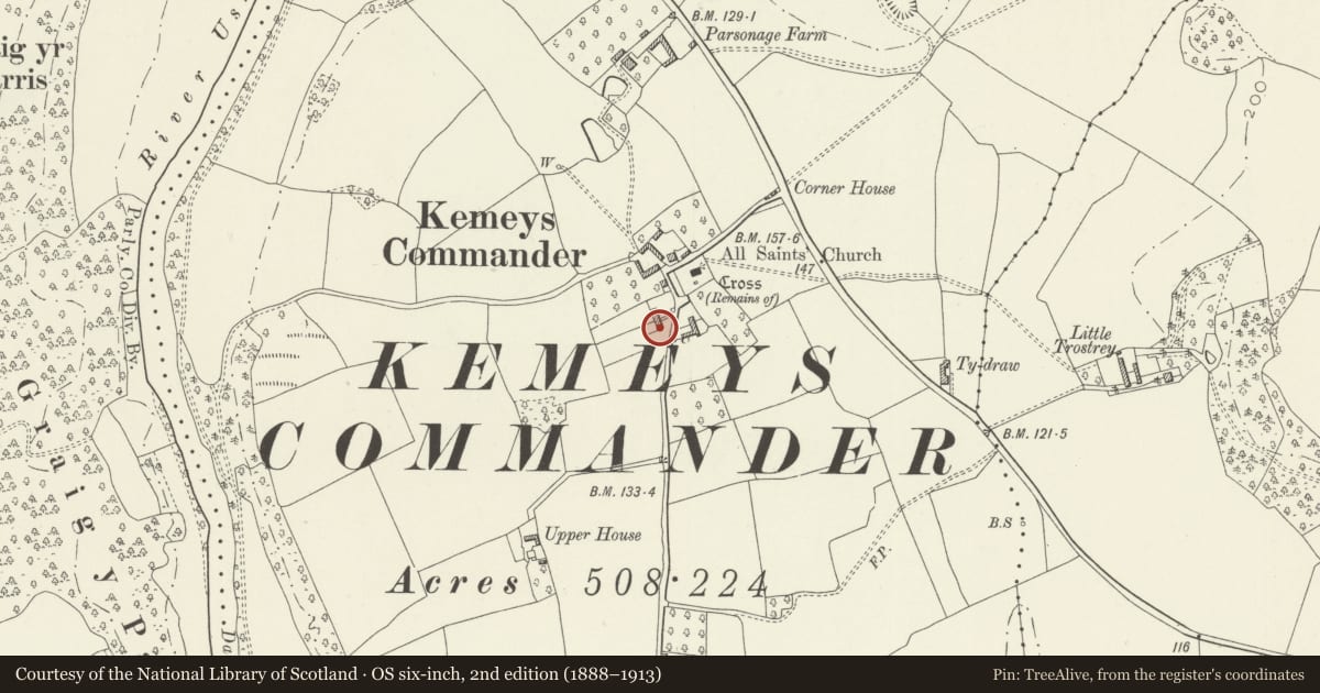 Ordnance Survey six-inch map, 2nd edition (1888–1913) covering the location of Kemeys Cottage, Llanarth, Monmouthshire, with a pin at the register's coordinates