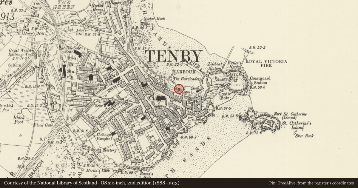 Ordnance Survey six-inch map, 2nd edition (1888–1913) covering the location of Nos 5-14 The Stores, Tenby, Pembrokeshire, with a pin at the register's coordinates