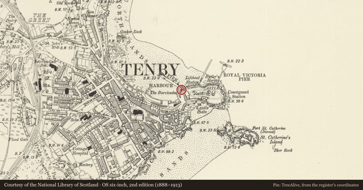 Ordnance Survey six-inch map, 2nd edition (1888–1913) covering the location of The former Albion Hotel, Tenby, Pembrokeshire, with a pin at the register's coordinates