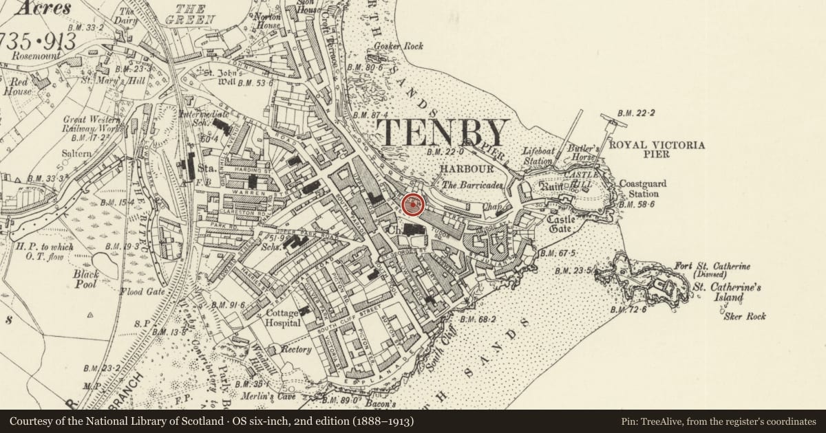 Ordnance Survey six-inch map, 2nd edition (1888–1913) covering the location of Periwinkle Cottage, Tenby, Pembrokeshire, with a pin at the register's coordinates