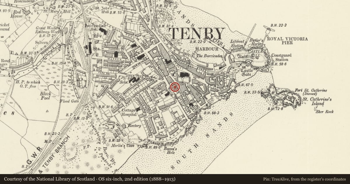 Ordnance Survey six-inch map, 2nd edition (1888–1913) covering the location of Arch House, Tenby, Pembrokeshire, with a pin at the register's coordinates