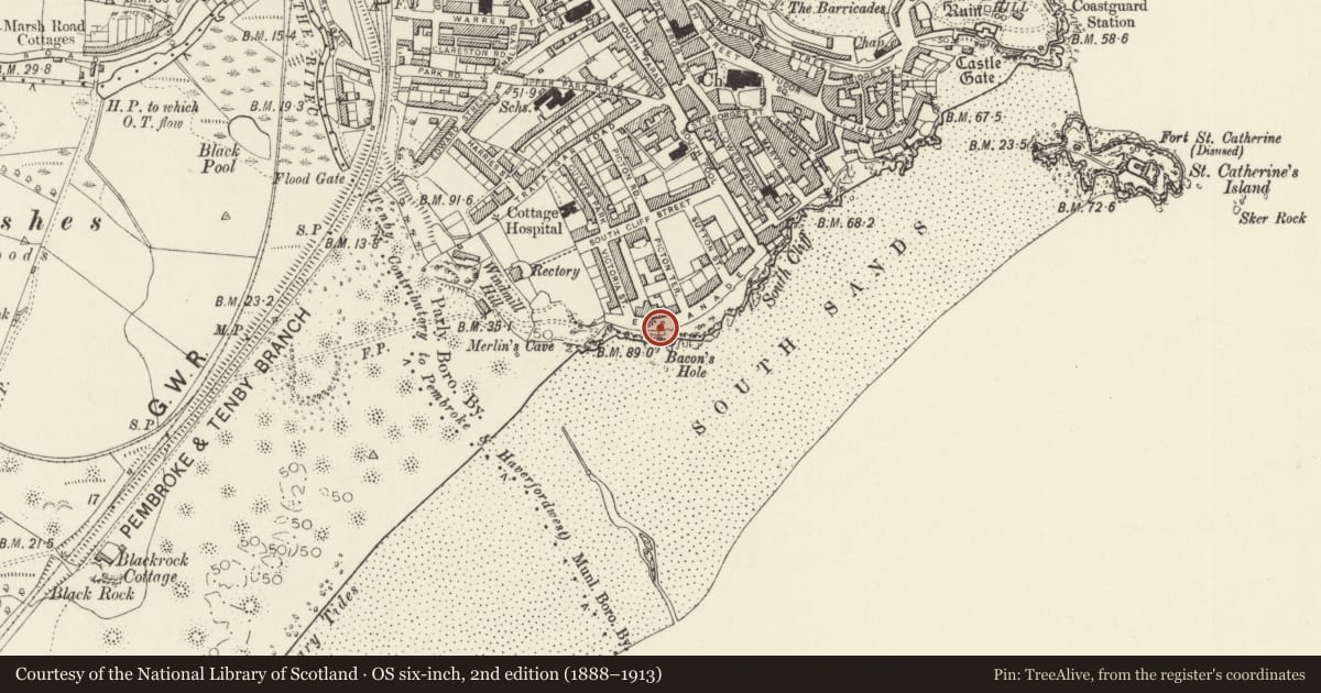Ordnance Survey six-inch map, 2nd edition (1888–1913) covering the location of Railings and retaining walls to seafront, Tenby, Pembrokeshire, with a pin at the register's coordinates