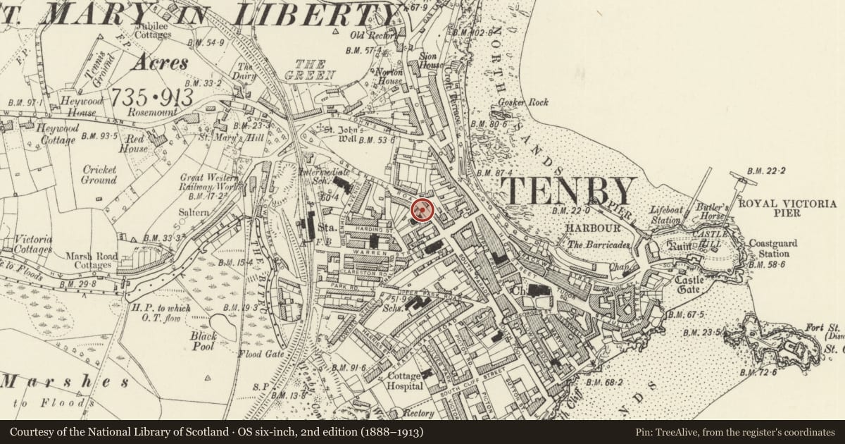 Ordnance Survey six-inch map, 2nd edition (1888–1913) covering the location of Walls and railings to Deer Park Baptist Church, Tenby, Pembrokeshire, with a pin at the register's coordinates