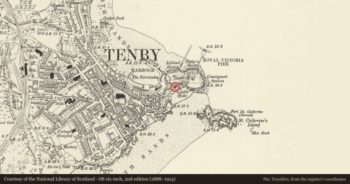 Ordnance Survey six-inch map, 2nd edition (1888–1913) covering the location of Outbuilding on N side of beach approach, Tenby, Pembrokeshire, with a pin at the register's coordinates