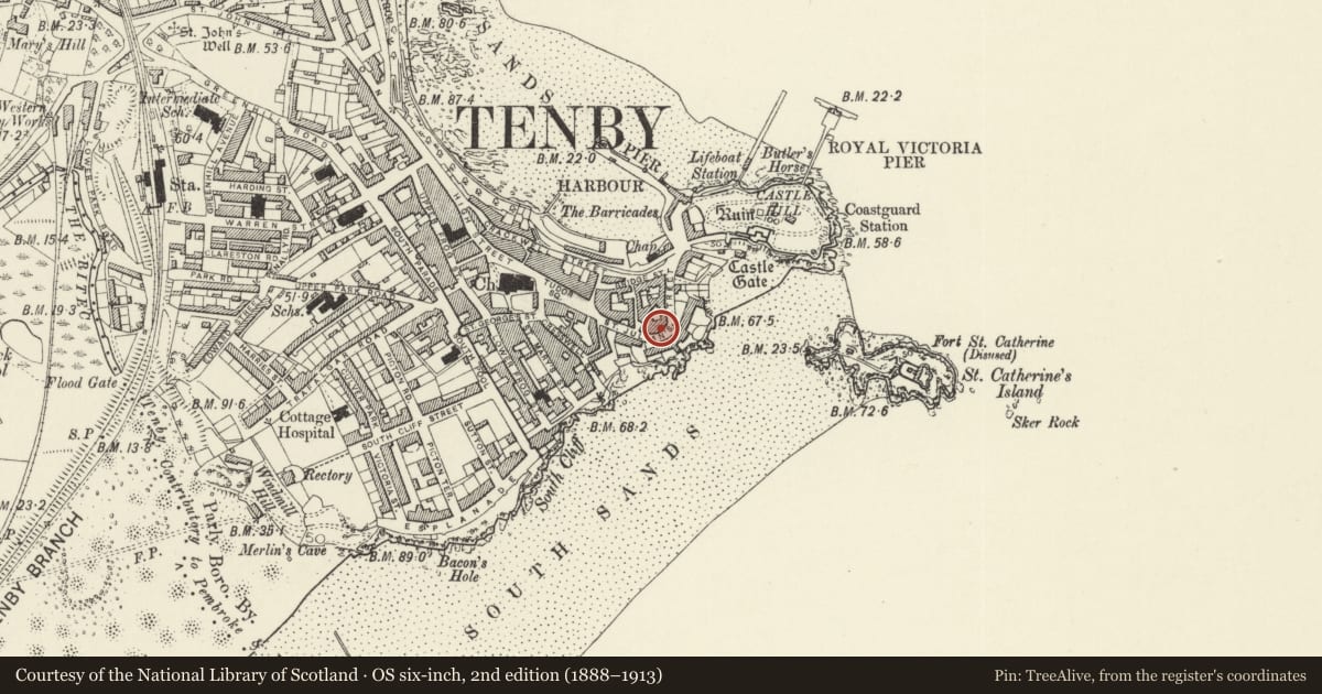 Ordnance Survey six-inch map, 2nd edition (1888–1913) covering the location of No 4 Lansdowne Cottages, Tenby, Pembrokeshire, with a pin at the register's coordinates