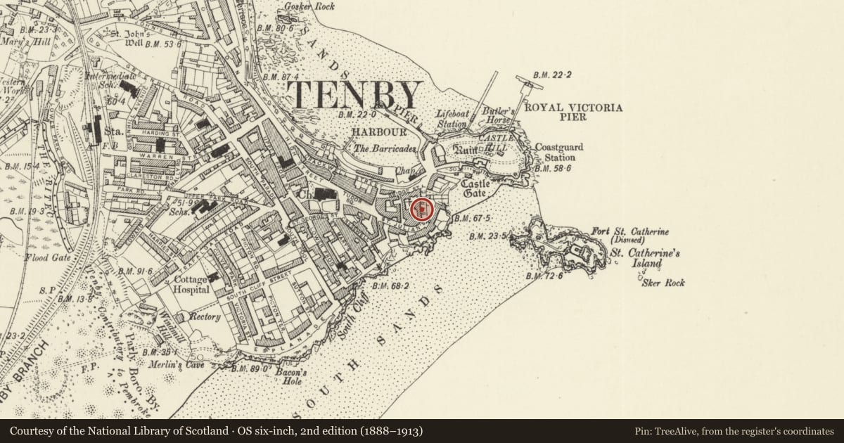 Ordnance Survey six-inch map, 2nd edition (1888–1913) covering the location of Harbourside, Tenby, Pembrokeshire, with a pin at the register's coordinates