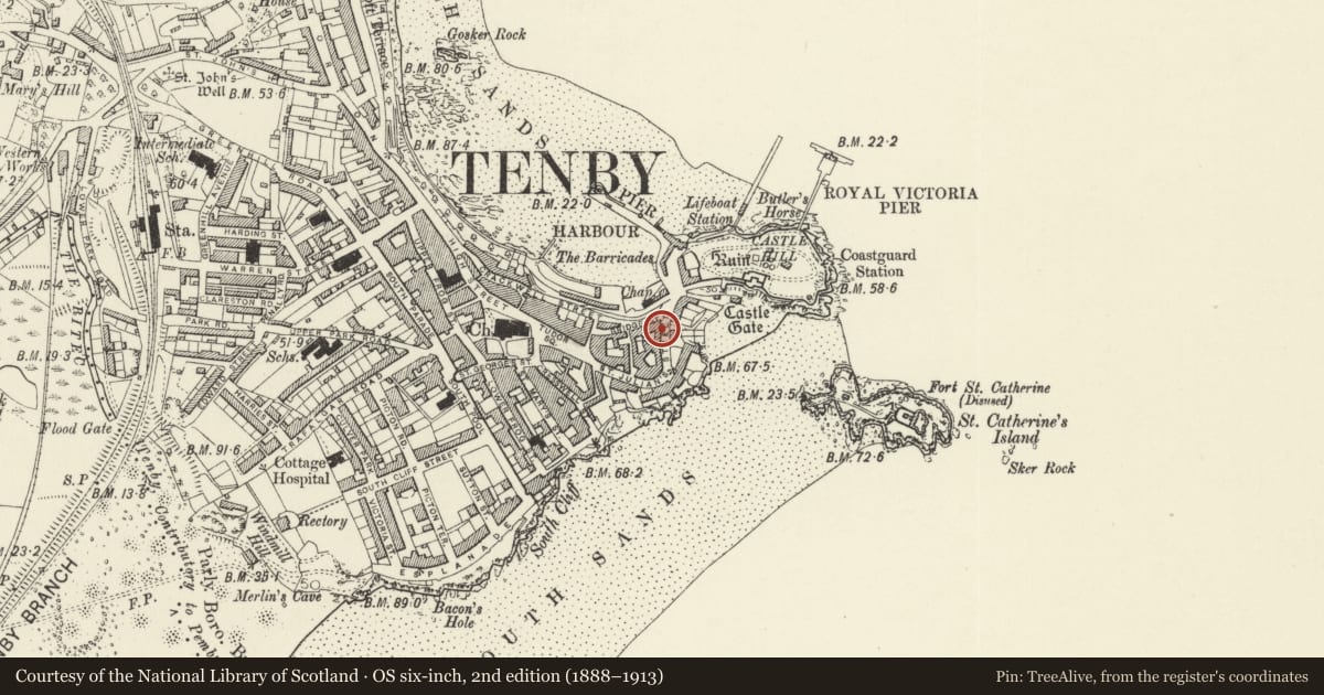 Ordnance Survey six-inch map, 2nd edition (1888–1913) covering the location of Windermere, Tenby, Pembrokeshire, with a pin at the register's coordinates
