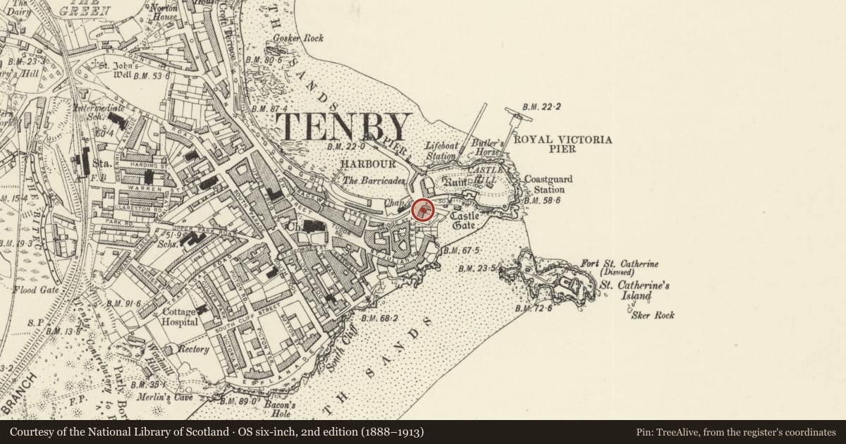Ordnance Survey six-inch map, 2nd edition (1888–1913) covering the location of No 4 St Julian Terrace, Tenby, Pembrokeshire, with a pin at the register's coordinates