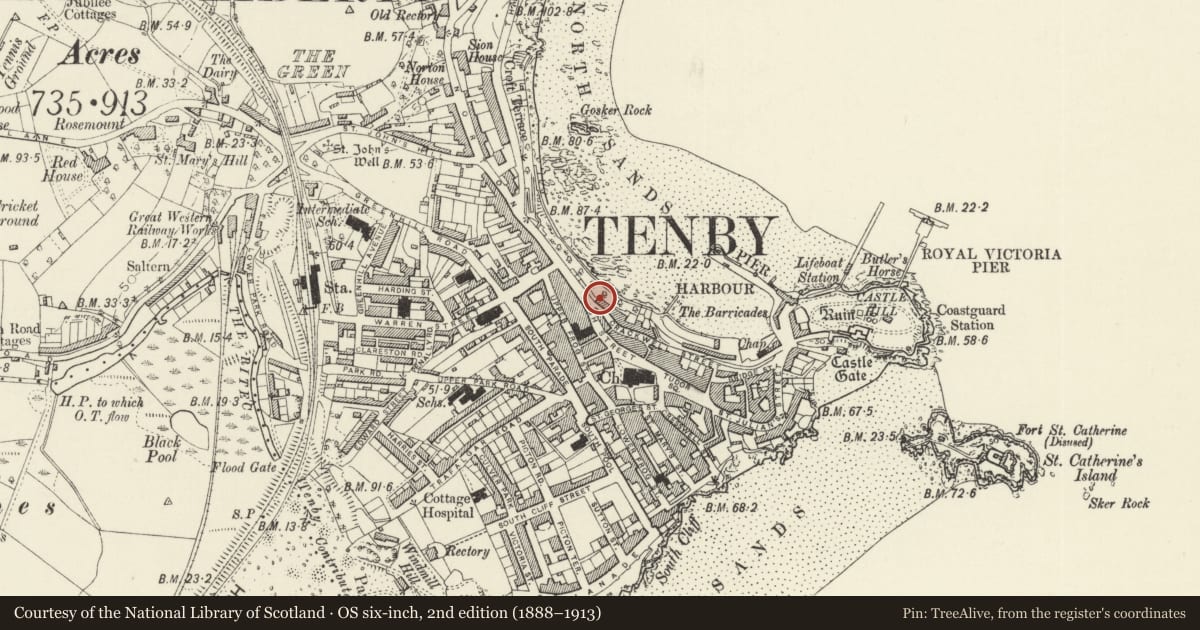 Ordnance Survey six-inch map, 2nd edition (1888–1913) covering the location of Premises occupied by The Candy Restaurant, Tenby, Pembrokeshire, with a pin at the register's coordinates