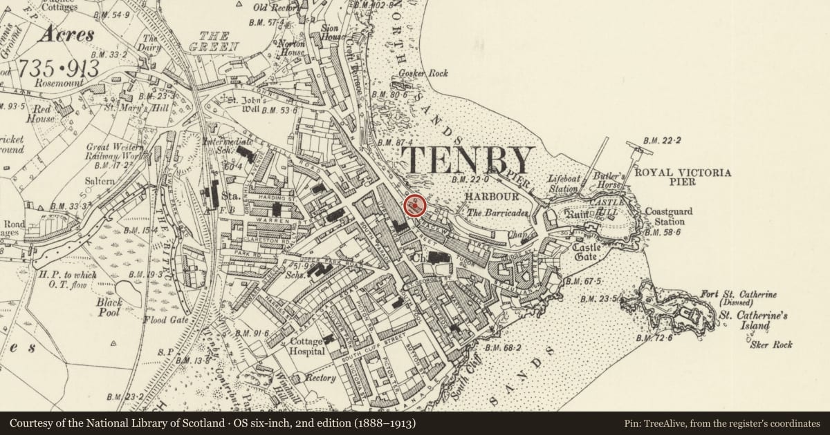 Ordnance Survey six-inch map, 2nd edition (1888–1913) covering the location of No 1 Bellevue, Tenby, Pembrokeshire, with a pin at the register's coordinates