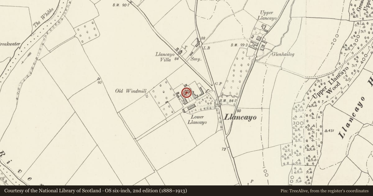 Ordnance Survey six-inch map, 2nd edition (1888–1913) covering the location of Barn at Lower Llancayo, Llanarth, Monmouthshire, with a pin at the register's coordinates