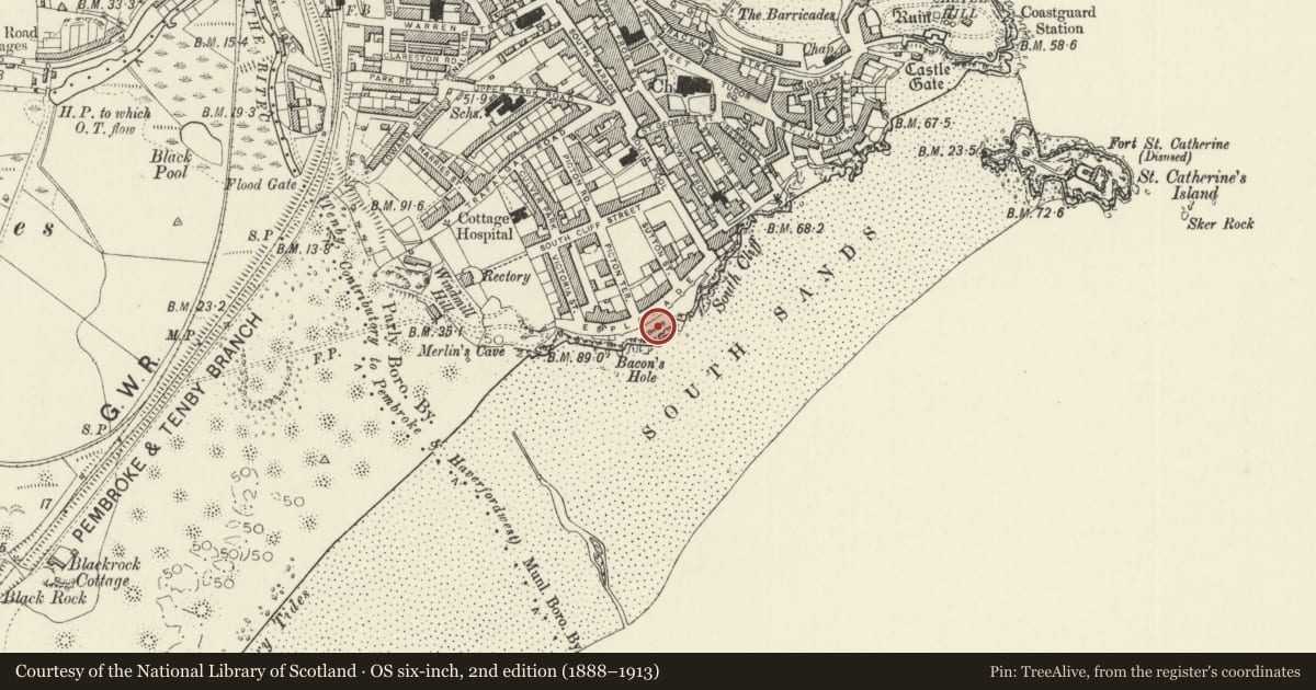 Ordnance Survey six-inch map, 2nd edition (1888–1913) covering the location of Cliff terrace to the Atlantic Hotel, Tenby, Pembrokeshire, with a pin at the register's coordinates