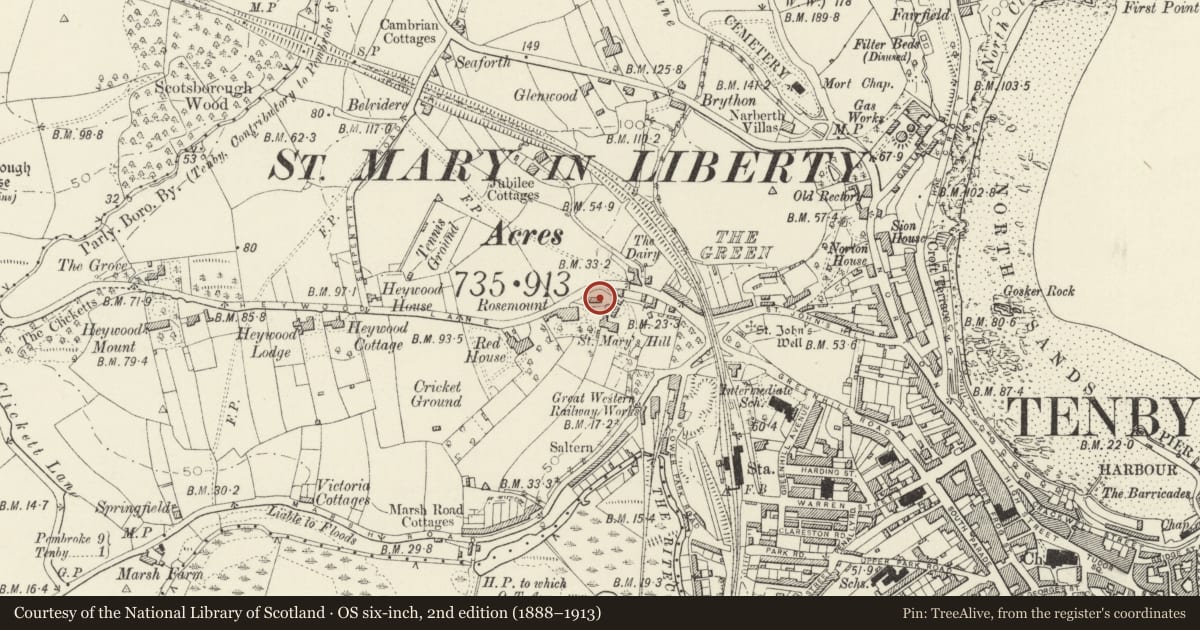 Ordnance Survey six-inch map, 2nd edition (1888–1913) covering the location of Gable End, Tenby, Pembrokeshire, with a pin at the register's coordinates