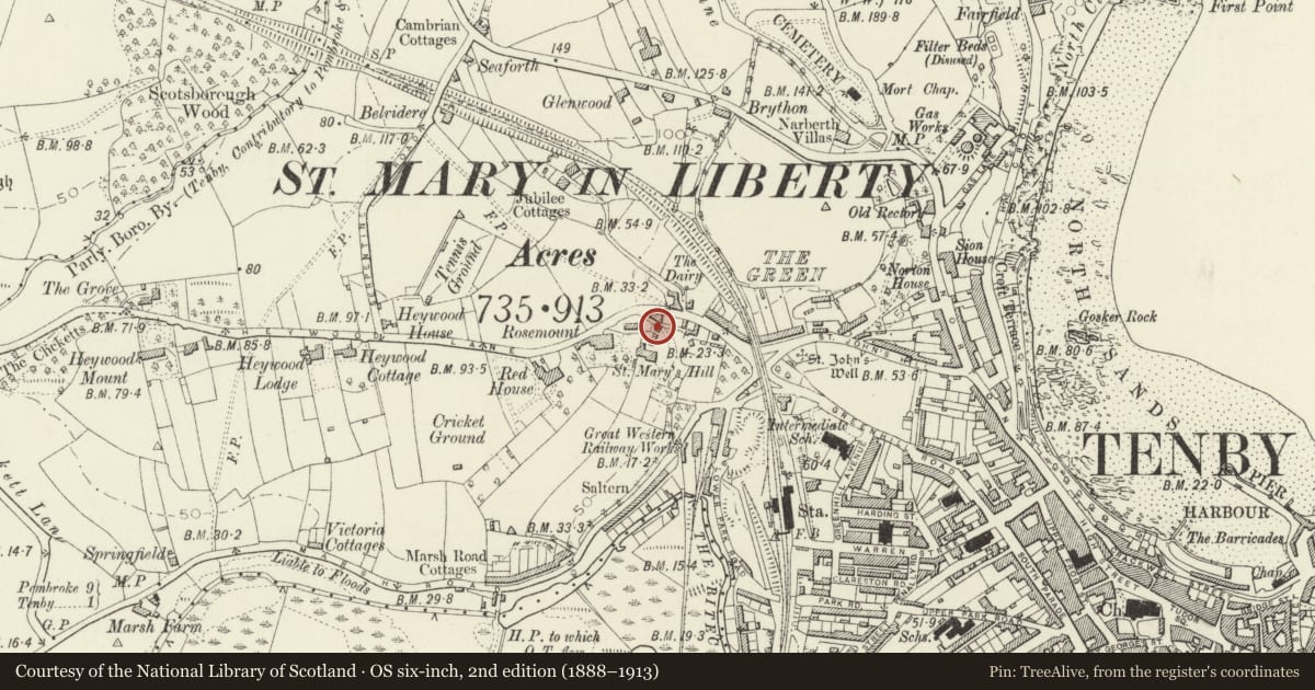 Ordnance Survey six-inch map, 2nd edition (1888–1913) covering the location of Coach-house to Gable End, Tenby, Pembrokeshire, with a pin at the register's coordinates