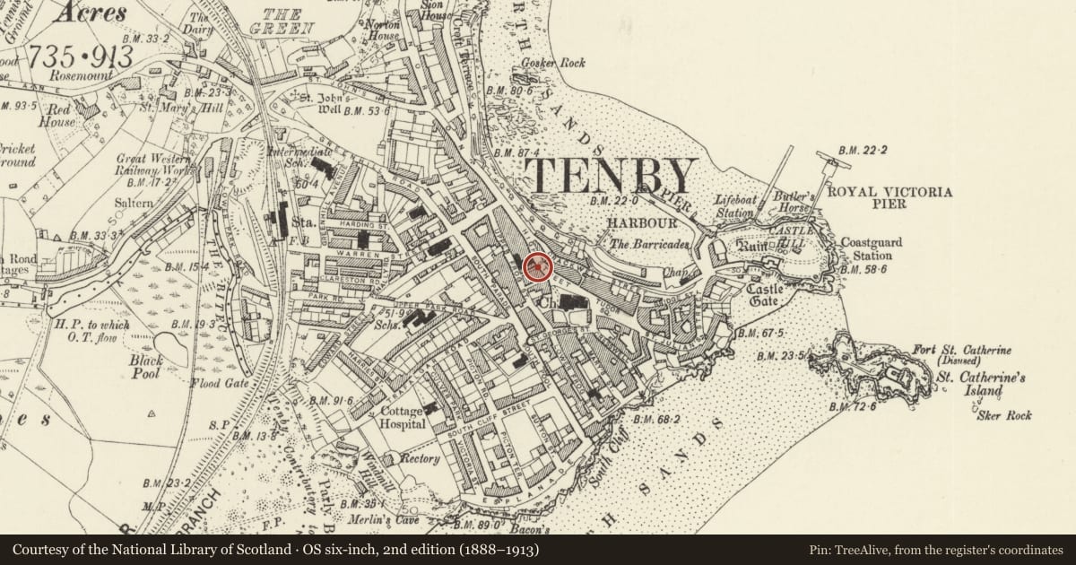 Ordnance Survey six-inch map, 2nd edition (1888–1913) covering the location of 13 High Street, Tenby, Pembrokeshire, with a pin at the register's coordinates
