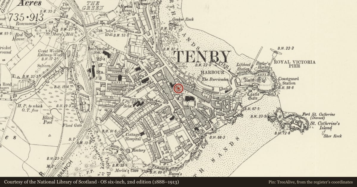 Ordnance Survey six-inch map, 2nd edition (1888–1913) covering the location of The Lamb Inn, Tenby, Pembrokeshire, with a pin at the register's coordinates