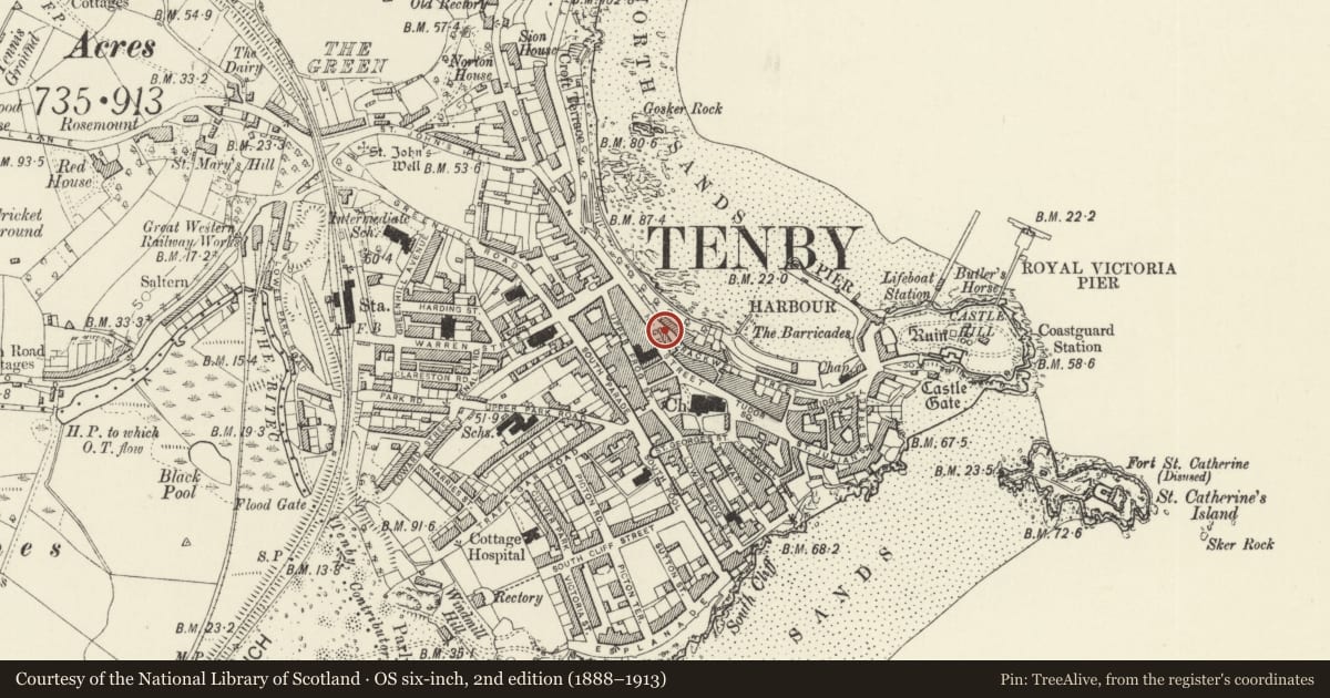 Ordnance Survey six-inch map, 2nd edition (1888–1913) covering the location of Premises occupied by SPAR stores, Tenby, Pembrokeshire, with a pin at the register's coordinates
