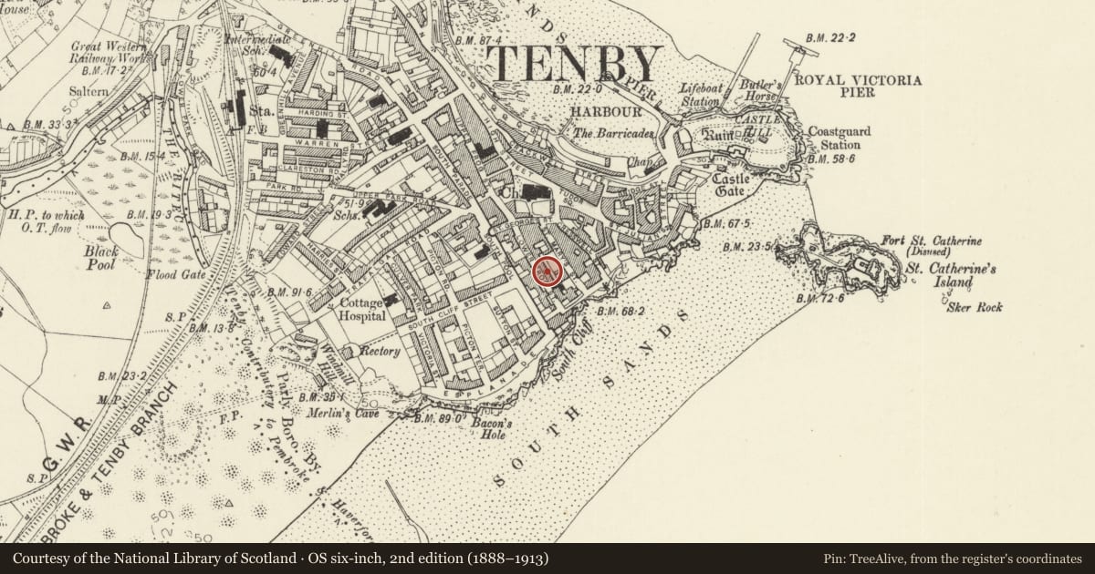 Ordnance Survey six-inch map, 2nd edition (1888–1913) covering the location of No 1 St David's Cottages, Tenby, Pembrokeshire, with a pin at the register's coordinates