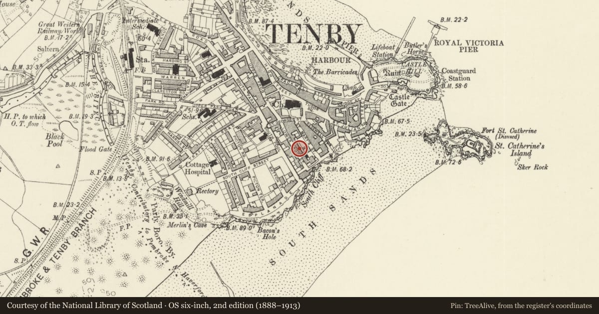 Ordnance Survey six-inch map, 2nd edition (1888–1913) covering the location of No 2 St David's Cottages, Tenby, Pembrokeshire, with a pin at the register's coordinates
