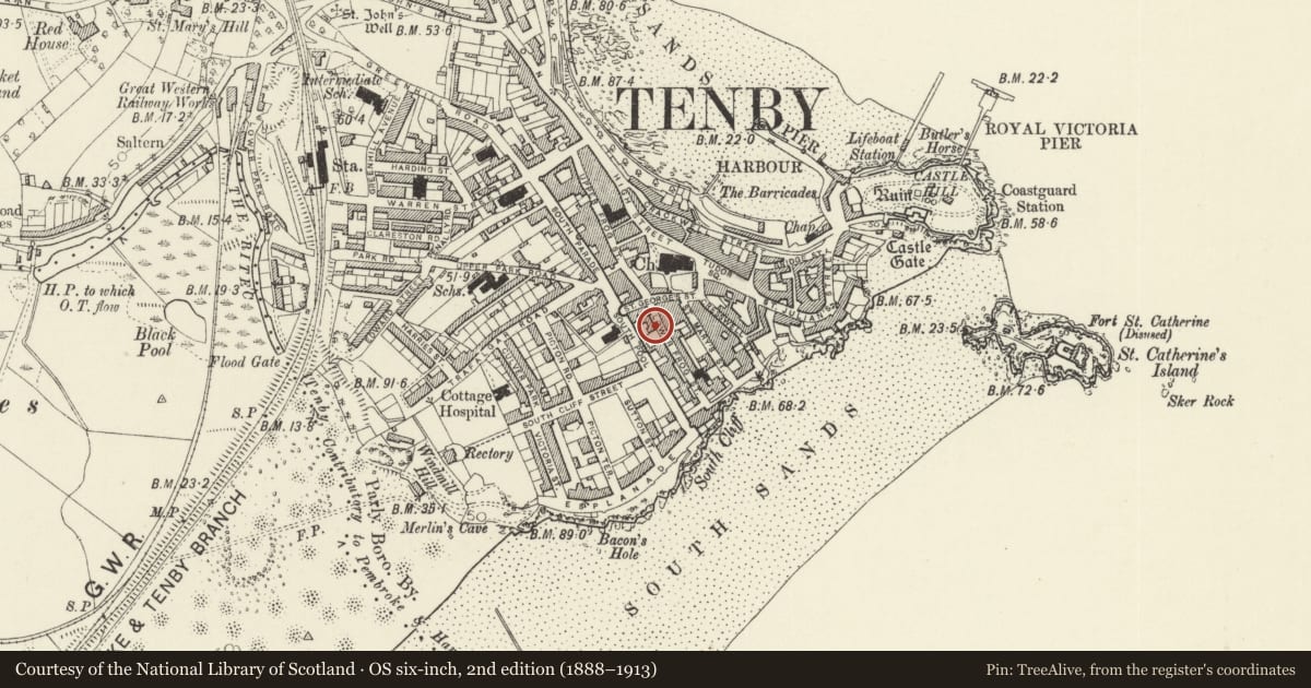 Ordnance Survey six-inch map, 2nd edition (1888–1913) covering the location of Frogmore House, Tenby, Pembrokeshire, with a pin at the register's coordinates