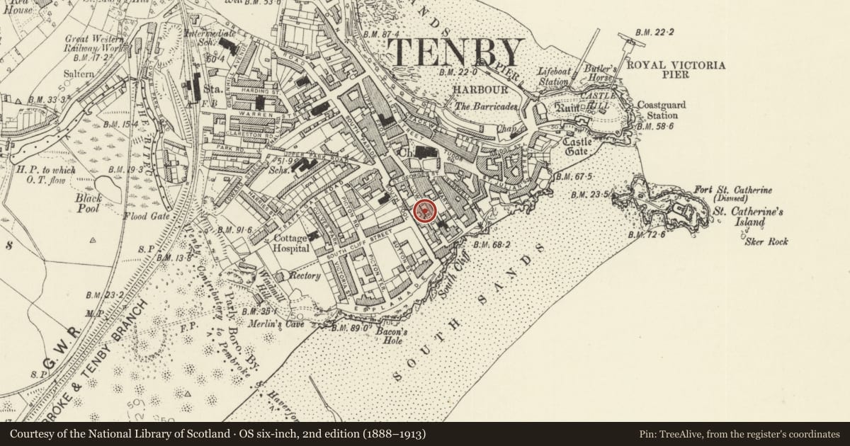 Ordnance Survey six-inch map, 2nd edition (1888–1913) covering the location of Winkle Cottage, Tenby, Pembrokeshire, with a pin at the register's coordinates