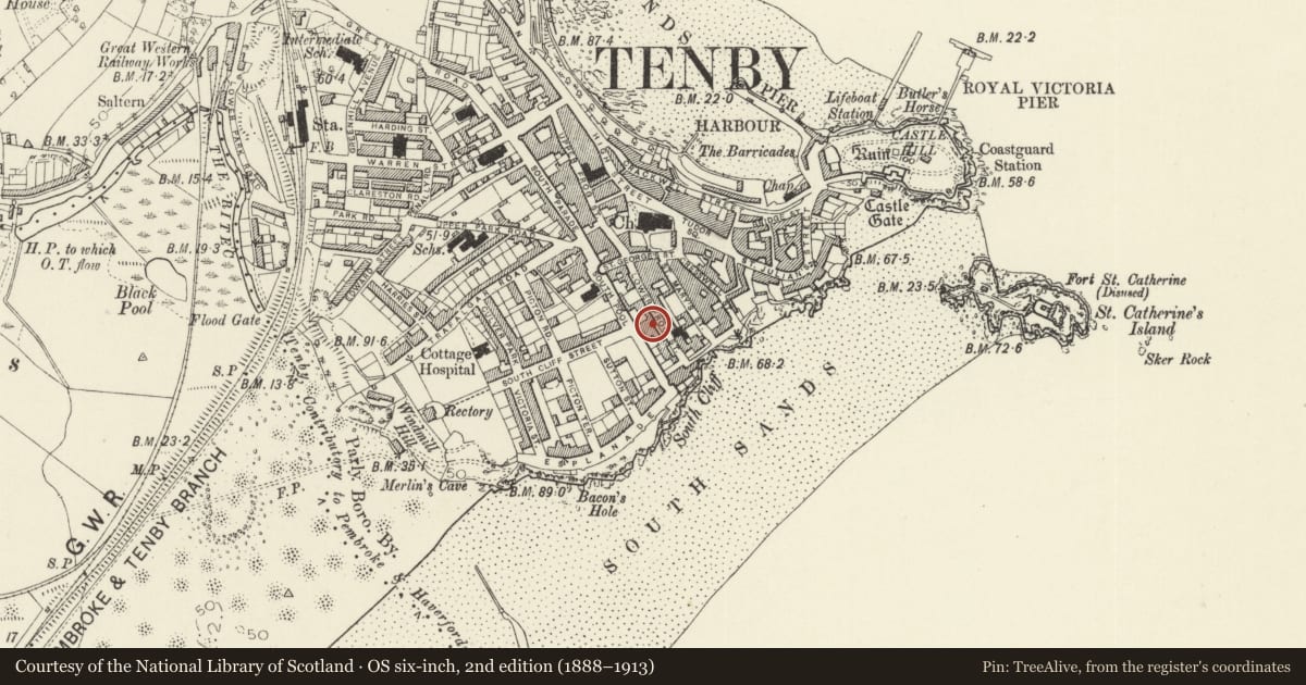 Ordnance Survey six-inch map, 2nd edition (1888–1913) covering the location of Frogmore Villa, Tenby, Pembrokeshire, with a pin at the register's coordinates