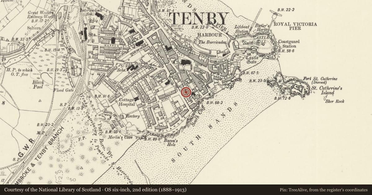 Ordnance Survey six-inch map, 2nd edition (1888–1913) covering the location of No 2 Frogmore Villas, Tenby, Pembrokeshire, with a pin at the register's coordinates