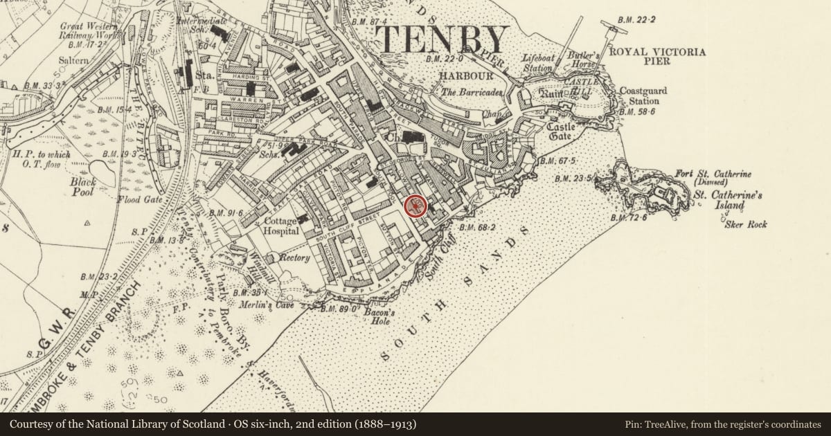 Ordnance Survey six-inch map, 2nd edition (1888–1913) covering the location of No 3 Frogmore Villas, Tenby, Pembrokeshire, with a pin at the register's coordinates