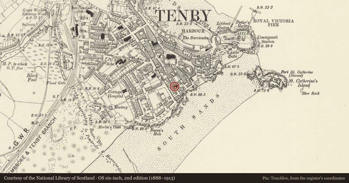 Ordnance Survey six-inch map, 2nd edition (1888–1913) covering the location of Garden railings to York House, Tenby, Pembrokeshire, with a pin at the register's coordinates