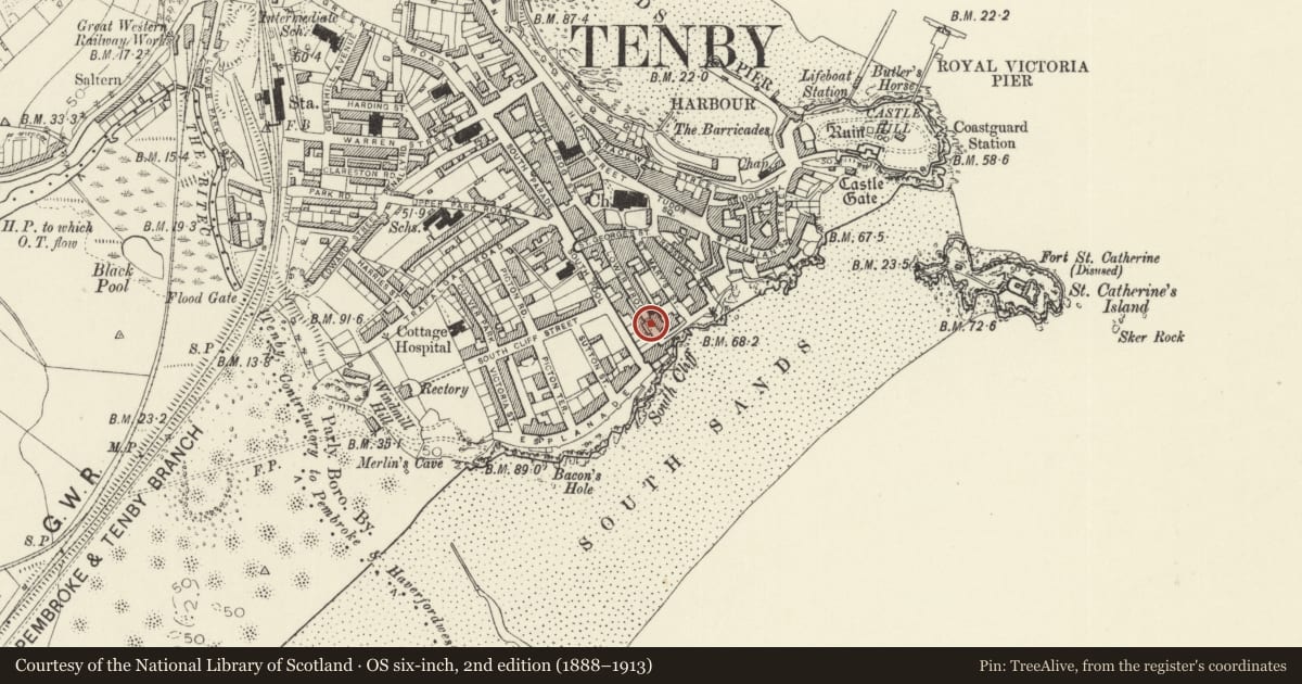 Ordnance Survey six-inch map, 2nd edition (1888–1913) covering the location of Railings to Frogmore Terrace, Tenby, Pembrokeshire, with a pin at the register's coordinates