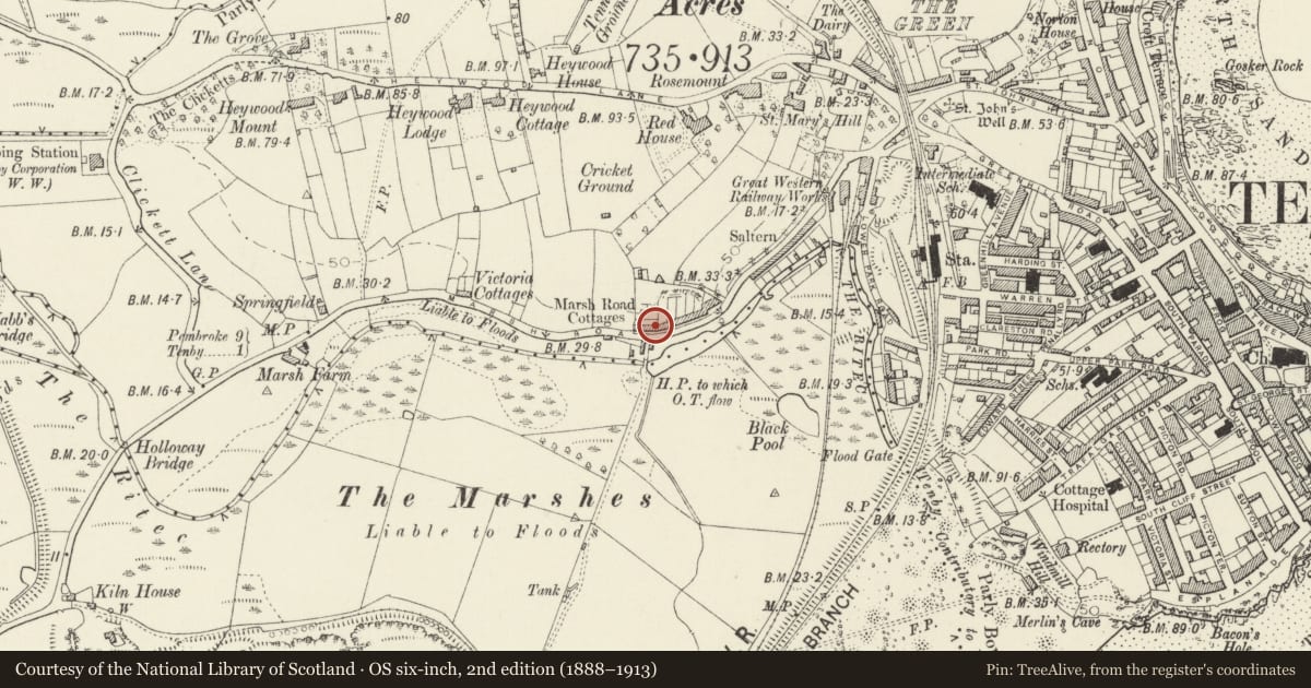 Ordnance Survey six-inch map, 2nd edition (1888–1913) covering the location of No 4 Marsh Road Cottages, Tenby, Pembrokeshire, with a pin at the register's coordinates