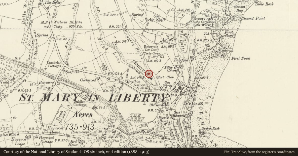 Ordnance Survey six-inch map, 2nd edition (1888–1913) covering the location of Forecourt wall and monuments, Cemetery Chapel, Tenby, Pembrokeshire, with a pin at the register's coordinates