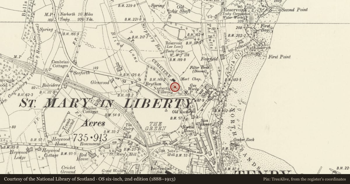Ordnance Survey six-inch map, 2nd edition (1888–1913) covering the location of Gates and piers to former cemetery chapel approach, Tenby, Pembrokeshire, with a pin at the register's coordinates