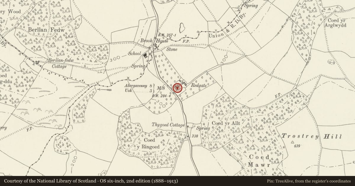 Ordnance Survey six-inch map, 2nd edition (1888–1913) covering the location of Redgate Farmhouse, Llanarth, Monmouthshire, with a pin at the register's coordinates