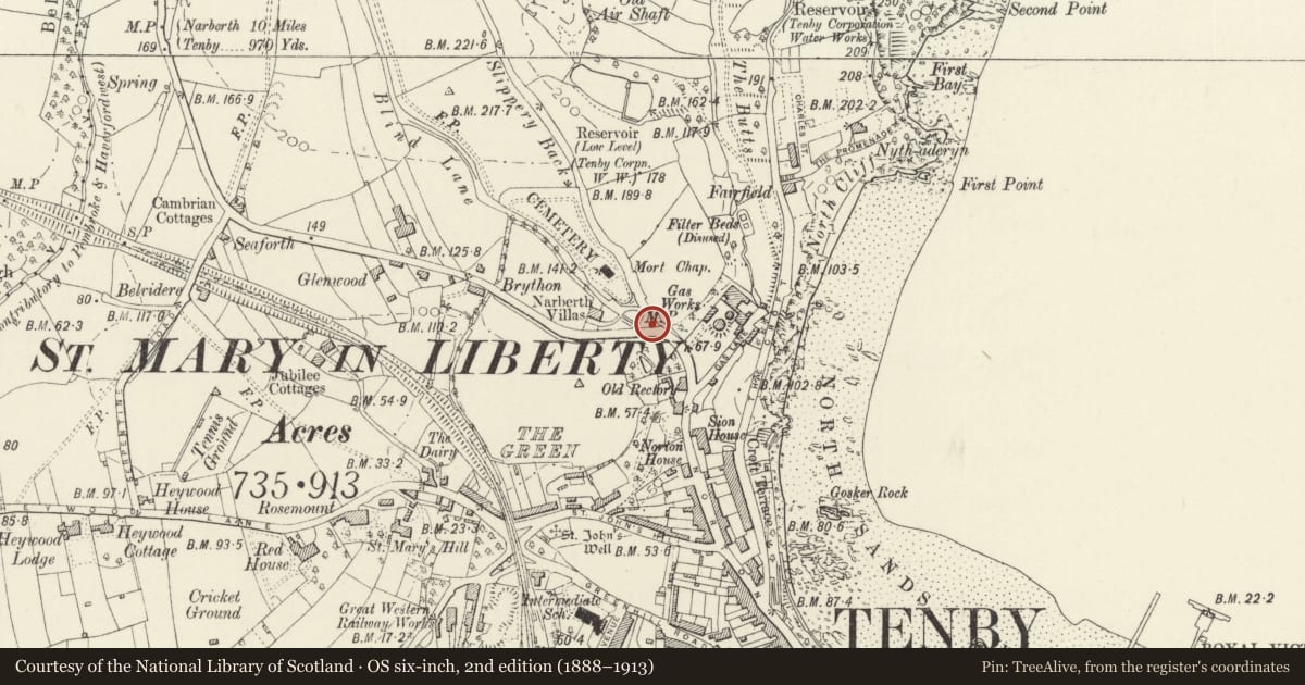 Ordnance Survey six-inch map, 2nd edition (1888–1913) covering the location of Milestone by approach to former cemetery chapel, Tenby, Pembrokeshire, with a pin at the register's coordinates