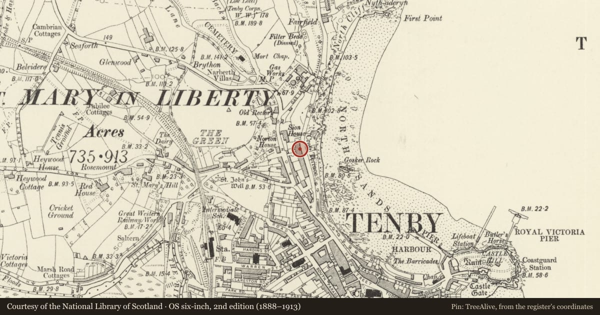 Ordnance Survey six-inch map, 2nd edition (1888–1913) covering the location of 8 The Croft, Tenby, Pembrokeshire, with a pin at the register's coordinates