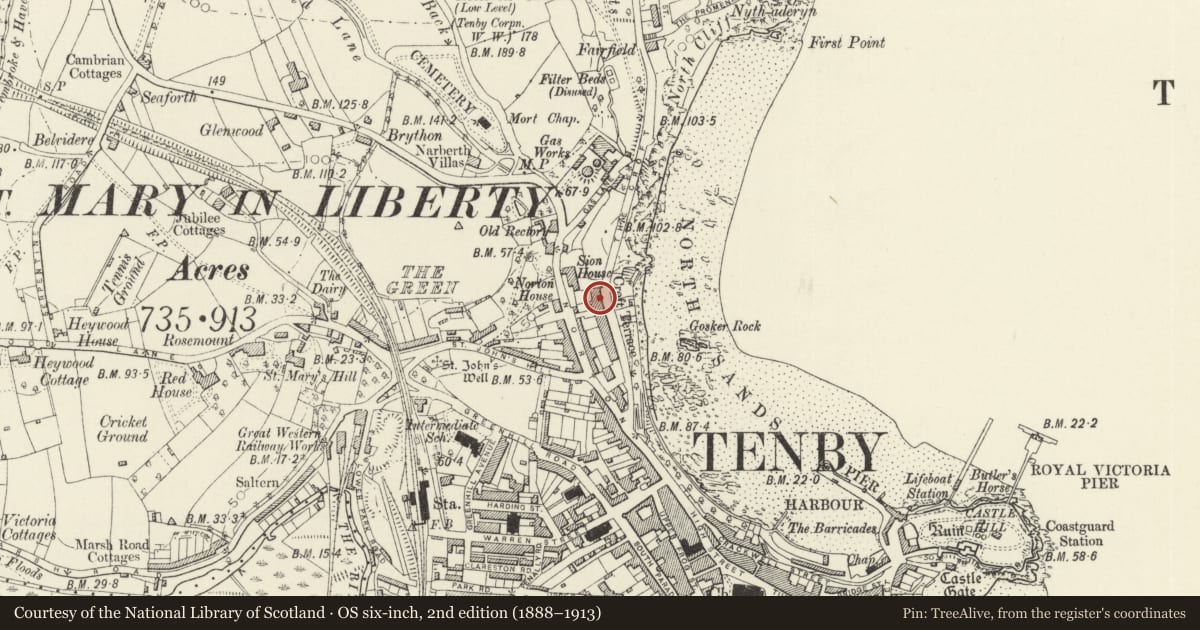 Ordnance Survey six-inch map, 2nd edition (1888–1913) covering the location of 9 The Croft, Tenby, Pembrokeshire, with a pin at the register's coordinates