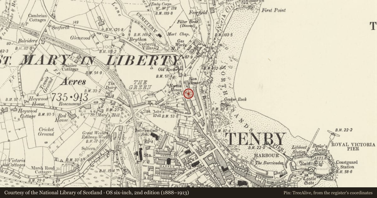Ordnance Survey six-inch map, 2nd edition (1888–1913) covering the location of South Zion Lodge, Tenby, Pembrokeshire, with a pin at the register's coordinates