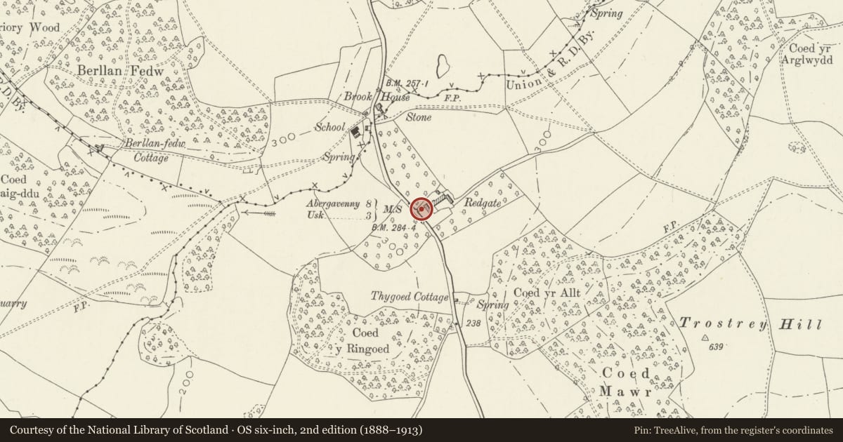 Ordnance Survey six-inch map, 2nd edition (1888–1913) covering the location of Railings, gates and walls of Redgate to the W, Llanarth, Monmouthshire, with a pin at the register's coordinates